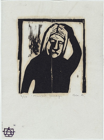 Artist: b'MADDOCK, Bea' | Title: b'Mirror image' | Date: 1966 | Technique: b'woodcut, printed in black inkby hand-burnishing, from one pine block' Artist: b'MADDOCK, Bea' | Title: b'Mirror image' | Date: 1966 | Technique: b'woodcut, printed in black inkby hand-burnishing, from one pine block'