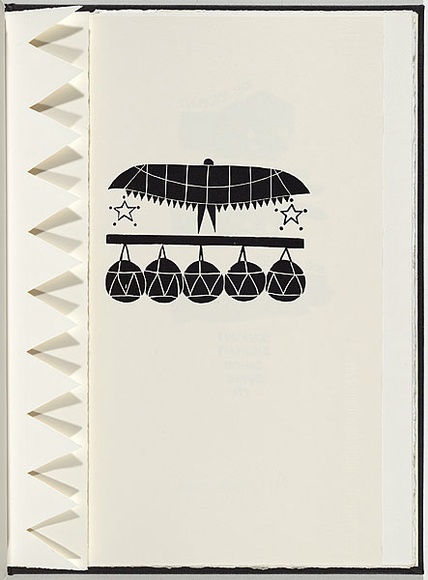 Artist: b'White, Robin.' | Title: b'Not titled (spreadeagled bird above hanging coconuts).' | Date: 1985 | Technique: b'woodcut, printed in black ink, from one block' Artist: b'White, Robin.' | Title: b'Not titled (spreadeagled bird above hanging coconuts).' | Date: 1985 | Technique: b'woodcut, printed in black ink, from one block'