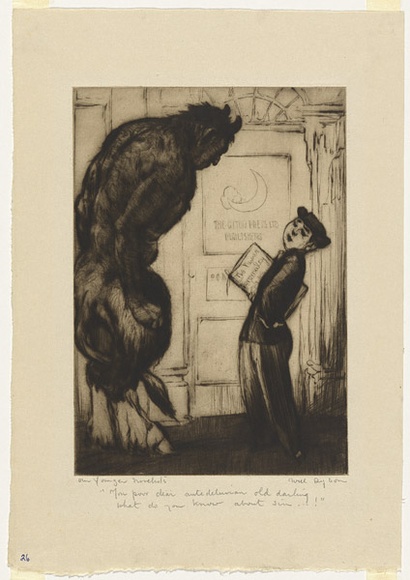 Artist: b'Dyson, Will.' | Title: b'Our younger novelists: You poor dear antediluvian old thing, what do you know about sin!.' | Date: c.1929 | Technique: b'drypoint, printed in black ink, from one plate' Artist: b'Dyson, Will.' | Title: b'Our younger novelists: You poor dear antediluvian old thing, what do you know about sin!.' | Date: c.1929 | Technique: b'drypoint, printed in black ink, from one plate'