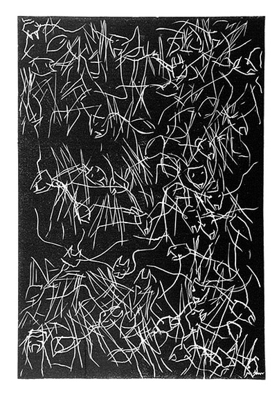 Artist: b'Buckley, Sue.' | Title: b'Bullants.' | Date: 1974 | Technique: b'linocut, printed in black ink, from one block' | Copyright: b'This work appears on screen courtesy of Sue Buckley and her sister Jean Hanrahan' Artist: b'Buckley, Sue.' | Title: b'Bullants.' | Date: 1974 | Technique: b'linocut, printed in black ink, from one block' | Copyright: b'This work appears on screen courtesy of Sue Buckley and her sister Jean Hanrahan'