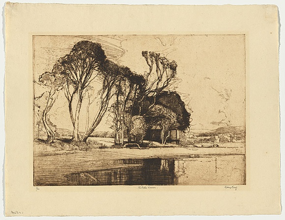 Artist: b'Long, Sydney.' | Title: b'The lake, Avoca' | Date: 1926 | Technique: b'line-etching and drypoint, printed in brown ink with plate-tone, from one zinc plate' | Copyright: b'Reproduced with the kind permission of the Ophthalmic Research Institute of Australia'