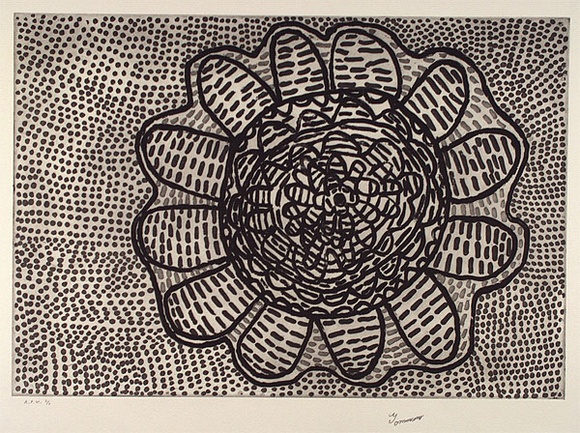 Artist: b'Ngarraija, Tommy May.' | Title: b'not titled (birds-eye view of people sitting in circle?).' | Date: 1999, November | Technique: b'etching, printed in black ink, from one plate'