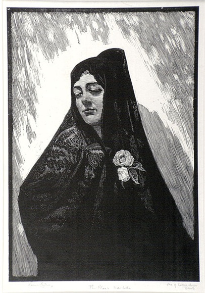 Artist: b'LINDSAY, Lionel' | Title: b'The black mantilla' | Date: c.1928 | Technique: b'wood-engraving, printed in black ink, from one block' | Copyright: b'Courtesy of the National Library of Australia' Artist: b'LINDSAY, Lionel' | Title: b'The black mantilla' | Date: c.1928 | Technique: b'wood-engraving, printed in black ink, from one block' | Copyright: b'Courtesy of the National Library of Australia'