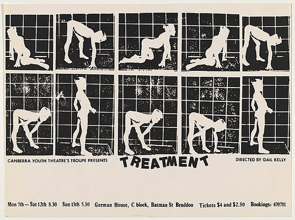 Artist: b'Manderson, Roland.' | Title: bTreatment, Canberra Youth Theatre's Troupe | Technique: b'screenprint, printed in black ink, from one stencil' Artist: b'Manderson, Roland.' | Title: bTreatment, Canberra Youth Theatre's Troupe | Technique: b'screenprint, printed in black ink, from one stencil'