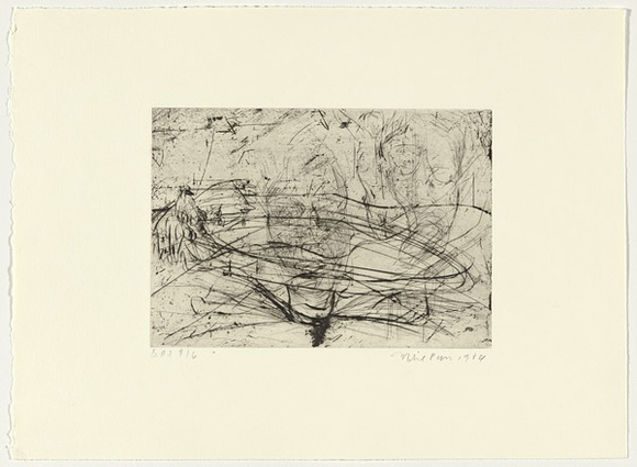 Artist: b'PARR, Mike' | Title: b'Gun into vanishing point 16' | Date: 1988-89 | Technique: b'drypoint and foul biting, printed in black ink, from one copper plate' Artist: b'PARR, Mike' | Title: b'Gun into vanishing point 16' | Date: 1988-89 | Technique: b'drypoint and foul biting, printed in black ink, from one copper plate'