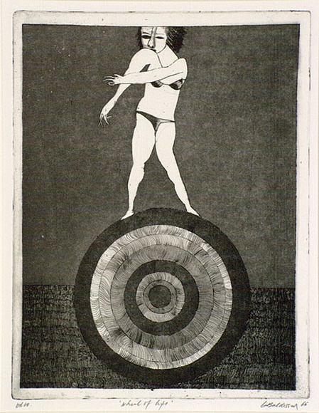 Artist: b'BALDESSIN, George' | Title: b'Wheel of life.' | Date: 1965 | Technique: b'etching and aquatint, printed in black ink, from one plate' Artist: b'BALDESSIN, George' | Title: b'Wheel of life.' | Date: 1965 | Technique: b'etching and aquatint, printed in black ink, from one plate'