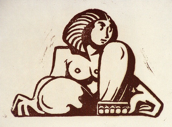 Artist: b'Stephen, Clive.' | Title: b'(Seated woman)' | Date: 1940s | Technique: b'linocut, printed in brown ink, from one block' Artist: b'Stephen, Clive.' | Title: b'(Seated woman)' | Date: 1940s | Technique: b'linocut, printed in brown ink, from one block'