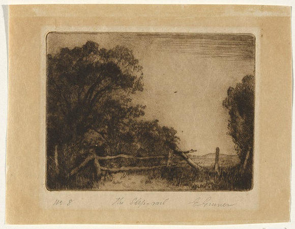 Artist: b'Gruner, Elioth.' | Title: b'The slip-rail' | Date: c.1920 | Technique: b'drypoint, printed in brown ink with plate-tone, from one plate' Artist: b'Gruner, Elioth.' | Title: b'The slip-rail' | Date: c.1920 | Technique: b'drypoint, printed in brown ink with plate-tone, from one plate'