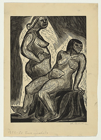 Artist: b'Groblicka, Lidia.' | Title: b'Two models' | Date: 1955-56 | Technique: b'woodcut, printed in black ink, from one block' Artist: b'Groblicka, Lidia.' | Title: b'Two models' | Date: 1955-56 | Technique: b'woodcut, printed in black ink, from one block'