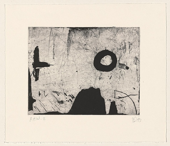Artist: b'Danaher, Suzanne.' | Title: b'Not titled (bird, sun and hills?)' | Date: 1993 | Technique: b'etching, printed in black ink, from one plate' Artist: b'Danaher, Suzanne.' | Title: b'Not titled (bird, sun and hills?)' | Date: 1993 | Technique: b'etching, printed in black ink, from one plate'