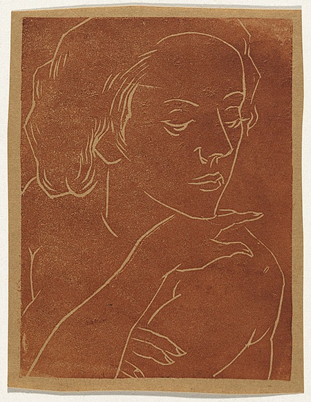 Artist: b'Bell, George..' | Title: b(Woman's head, shoulders and arm). | Technique: b'linocut, printed in black ink, from one block' Artist: b'Bell, George..' | Title: b(Woman's head, shoulders and arm). | Technique: b'linocut, printed in black ink, from one block'