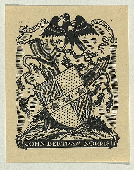 Artist: b'FEINT, Adrian' | Title: b'Bookplate: John Bertram Norris.' | Date: (1934) | Technique: b'wood-engraving, printed in black ink, from one block' | Copyright: b'Courtesy the Estate of Adrian Feint' Artist: b'FEINT, Adrian' | Title: b'Bookplate: John Bertram Norris.' | Date: (1934) | Technique: b'wood-engraving, printed in black ink, from one block' | Copyright: b'Courtesy the Estate of Adrian Feint'
