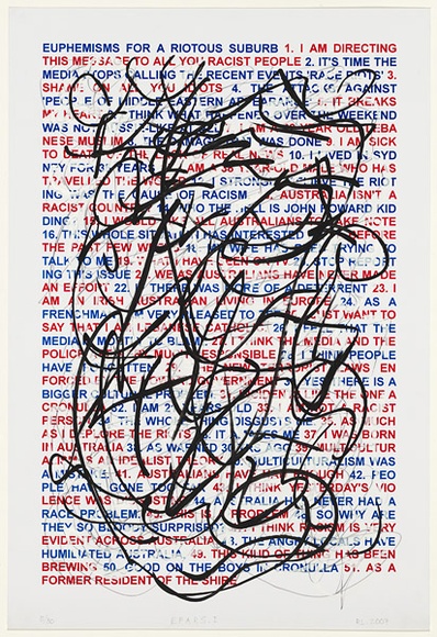 Artist: b'Lewis, Ruark.' | Title: b'Euphemisms for a riotous suburb i (white)' | Date: 2006 | Technique: b'off-set lithograph, printed in black ink, from one plate; pen and ink additions' Artist: b'Lewis, Ruark.' | Title: b'Euphemisms for a riotous suburb i (white)' | Date: 2006 | Technique: b'off-set lithograph, printed in black ink, from one plate; pen and ink additions'