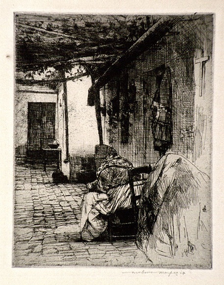 Artist: b'Menpes, Mortimer.' | Title: b'(Peasant woman seated in a courtyard)' | Date: 1914 | Technique: b'etching and drypoint, printed in black ink, from one plate' Artist: b'Menpes, Mortimer.' | Title: b'(Peasant woman seated in a courtyard)' | Date: 1914 | Technique: b'etching and drypoint, printed in black ink, from one plate'