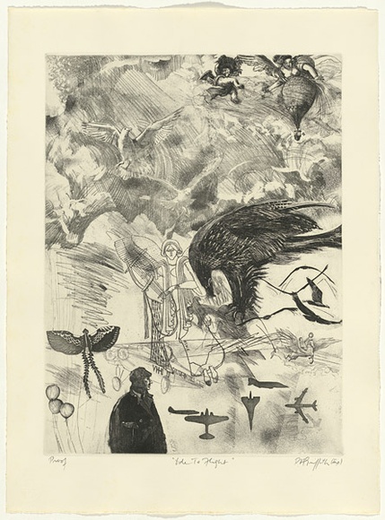 Artist: b'GRIFFITH, Pamela' | Title: b'Ode to flight' | Date: 1980 | Technique: b'etching, soft ground, hard ground, rocker, aquatint, second hard ground sandpaper lift, spray & spatter resist, soft ground drawing & burnishing printed in black ink, from one zinc plate' | Copyright: b'\xc2\xa9 Pamela Griffith' Artist: b'GRIFFITH, Pamela' | Title: b'Ode to flight' | Date: 1980 | Technique: b'etching, soft ground, hard ground, rocker, aquatint, second hard ground sandpaper lift, spray & spatter resist, soft ground drawing & burnishing printed in black ink, from one zinc plate' | Copyright: b'\xc2\xa9 Pamela Griffith'