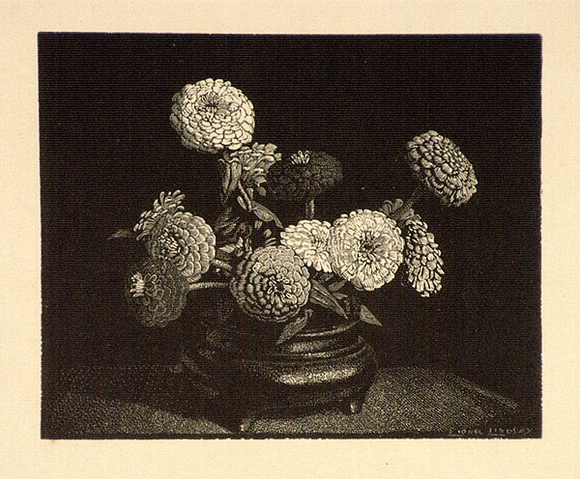 Artist: b'LINDSAY, Lionel' | Title: b'Zinnias' | Date: 1924 | Technique: b'wood-engraving, printed in black ink, from one block' | Copyright: b'Courtesy of the National Library of Australia' Artist: b'LINDSAY, Lionel' | Title: b'Zinnias' | Date: 1924 | Technique: b'wood-engraving, printed in black ink, from one block' | Copyright: b'Courtesy of the National Library of Australia'