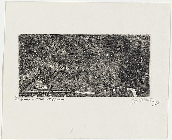 Artist: b'Kennedy, Roy.' | Title: b'Happy little mission' | Date: 1999 | Technique: b'etching, printed in black ink, from one plate' Artist: b'Kennedy, Roy.' | Title: b'Happy little mission' | Date: 1999 | Technique: b'etching, printed in black ink, from one plate'