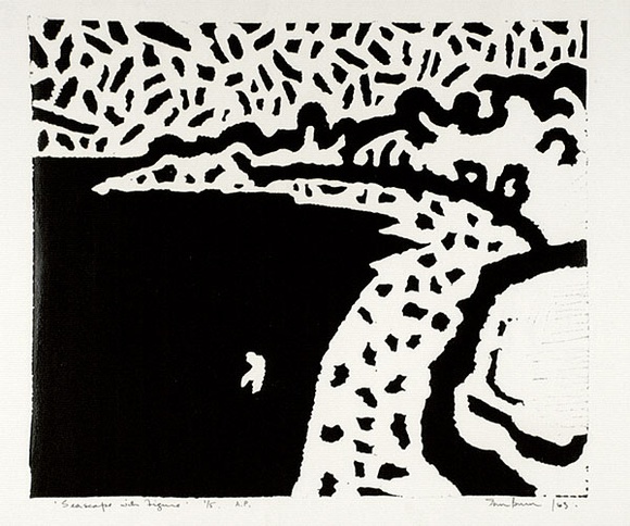 Artist: b'Burn, Ian.' | Title: b'Seascape with figure.' | Date: 1963 | Technique: b'linocut, printed in black ink, from one block' Artist: b'Burn, Ian.' | Title: b'Seascape with figure.' | Date: 1963 | Technique: b'linocut, printed in black ink, from one block'
