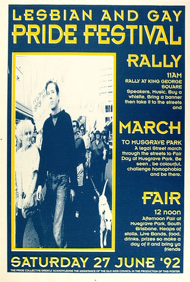 Artist: b'Blackwell, Susi.' | Title: b'Lesbian and Gay Pride Festival.' | Date: 1992, June | Technique: b'screenprint, printed in blue and yellow ink, from two stencils' Artist: b'Blackwell, Susi.' | Title: b'Lesbian and Gay Pride Festival.' | Date: 1992, June | Technique: b'screenprint, printed in blue and yellow ink, from two stencils'