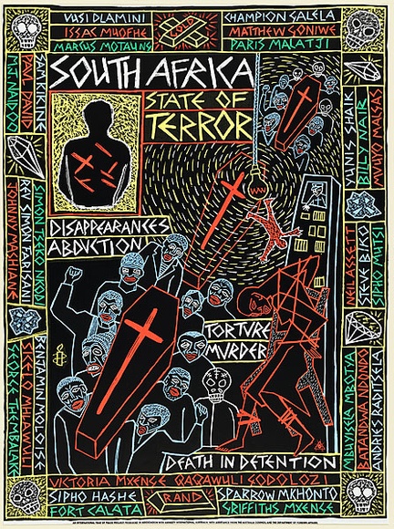 Artist: b'REDBACK GRAPHIX' | Title: b'Amnesty: South Africa, State of terror.' | Date: 1986 | Technique: b'screenprint, printed in colour, from four stencils' | Copyright: b'\xc2\xa9 Michael Callaghan' Artist: b'REDBACK GRAPHIX' | Title: b'Amnesty: South Africa, State of terror.' | Date: 1986 | Technique: b'screenprint, printed in colour, from four stencils' | Copyright: b'\xc2\xa9 Michael Callaghan'