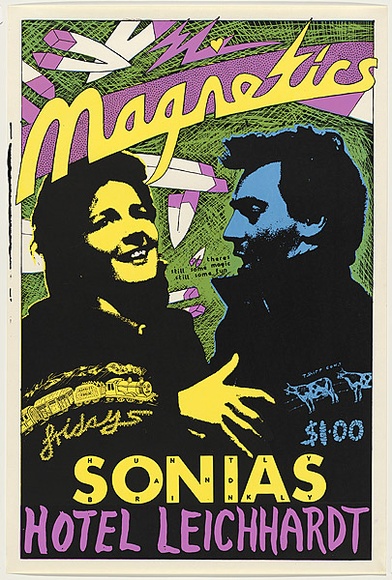 Artist: b'WORSTEAD, Paul' | Title: b'Magnetics - Sonias Hotel' | Date: 1981 | Technique: b'screenprint, printed in colour, from four stencils' | Copyright: b'This work appears on screen courtesy of the artist' Artist: b'WORSTEAD, Paul' | Title: b'Magnetics - Sonias Hotel' | Date: 1981 | Technique: b'screenprint, printed in colour, from four stencils' | Copyright: b'This work appears on screen courtesy of the artist'