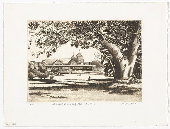 Artist: b'PLATT, Austin' | Title: b'Royal Sydney Golf Club, Rose Bay, Sydney' | Date: c.1987 | Technique: b'etching, printed in black ink, from one plate' Artist: b'PLATT, Austin' | Title: b'Royal Sydney Golf Club, Rose Bay, Sydney' | Date: c.1987 | Technique: b'etching, printed in black ink, from one plate'