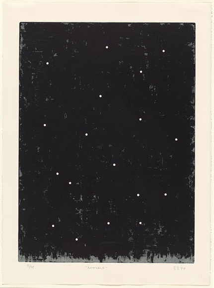 Artist: b'Blanchflower, Brian.' | Title: b'Nocturne.' | Date: 1999 | Technique: b'aquatint, printed in black ink, from one steel plate; stencil' | Copyright: b'\xc2\xa9 Brian Blanchflower, 1999' Artist: b'Blanchflower, Brian.' | Title: b'Nocturne.' | Date: 1999 | Technique: b'aquatint, printed in black ink, from one steel plate; stencil' | Copyright: b'\xc2\xa9 Brian Blanchflower, 1999'