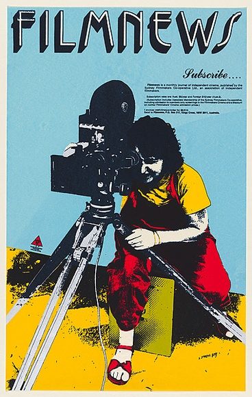 Artist: b'Mackay, Jan' | Title: b'Filmnews: Subscribe' | Date: 1978 | Technique: b'screenprint, printed in colour, from multiple stencils' Artist: b'Mackay, Jan' | Title: b'Filmnews: Subscribe' | Date: 1978 | Technique: b'screenprint, printed in colour, from multiple stencils'