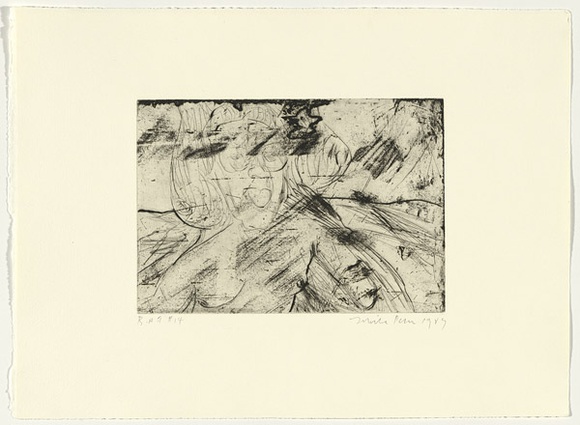 Artist: b'PARR, Mike' | Title: b'Gun into vanishing point 14' | Date: 1988-89 | Technique: b'drypoint and foul biting, printed in black ink, from one copper plate' Artist: b'PARR, Mike' | Title: b'Gun into vanishing point 14' | Date: 1988-89 | Technique: b'drypoint and foul biting, printed in black ink, from one copper plate'