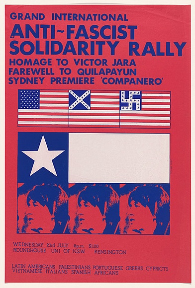 Artist: MACKINOLTY, Chips | Title: Anti-fascist solidarity rally | Date: 1975 | Technique: screenprint, printed in colour, from two stencils Artist: MACKINOLTY, Chips | Title: Anti-fascist solidarity rally | Date: 1975 | Technique: screenprint, printed in colour, from two stencils