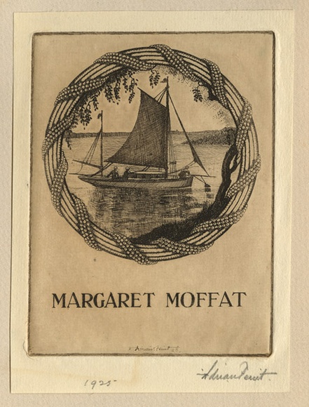 Artist: b'FEINT, Adrian' | Title: b'Bookplate: Margaret Moffat.' | Date: 1925 | Technique: b'etching, printed in brown ink with plate-tone, from one plate' | Copyright: b'Courtesy the Estate of Adrian Feint' Artist: b'FEINT, Adrian' | Title: b'Bookplate: Margaret Moffat.' | Date: 1925 | Technique: b'etching, printed in brown ink with plate-tone, from one plate' | Copyright: b'Courtesy the Estate of Adrian Feint'