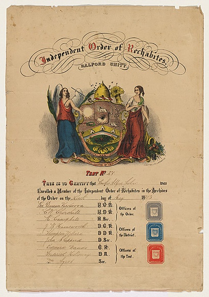 Artist: b'Button, Henry.' | Title: b'Certificate for the independent Order of Rechabites.' | Date: 9 May 1903 | Technique: b'lithograph, printed in colour, from multiple stones' Artist: b'Button, Henry.' | Title: b'Certificate for the independent Order of Rechabites.' | Date: 9 May 1903 | Technique: b'lithograph, printed in colour, from multiple stones'