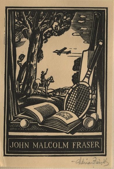 Artist: b'FEINT, Adrian' | Title: b'Bookplate: John Malcolm Fraser.' | Date: (1938) | Technique: b'wood-engraving, printed in black ink, from one block' | Copyright: b'Courtesy the Estate of Adrian Feint' Artist: b'FEINT, Adrian' | Title: b'Bookplate: John Malcolm Fraser.' | Date: (1938) | Technique: b'wood-engraving, printed in black ink, from one block' | Copyright: b'Courtesy the Estate of Adrian Feint'