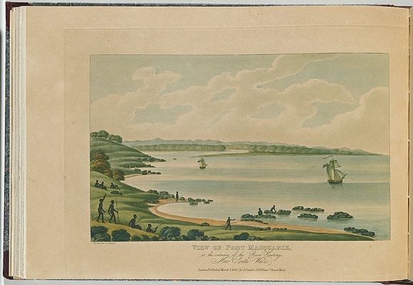 Artist: b'Lycett, Joseph.' | Title: b'View of Port Macquarie at the entrance of the River Hastings, New South Wales.' | Date: 1825 | Technique: b'etching and aquatint, printed in black ink, from one copper plate; hand-coloured' Artist: b'Lycett, Joseph.' | Title: b'View of Port Macquarie at the entrance of the River Hastings, New South Wales.' | Date: 1825 | Technique: b'etching and aquatint, printed in black ink, from one copper plate; hand-coloured'