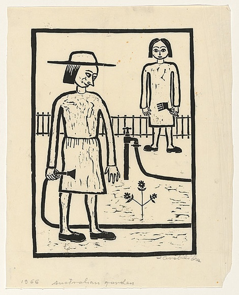 Artist: b'Groblicka, Lidia.' | Title: b'Australian garden' | Date: 1966 | Technique: b'linocut, printed in black ink, from one block' Artist: b'Groblicka, Lidia.' | Title: b'Australian garden' | Date: 1966 | Technique: b'linocut, printed in black ink, from one block'