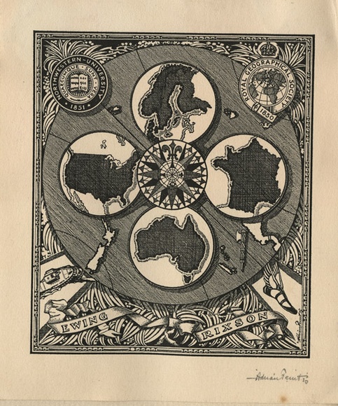 Artist: b'FEINT, Adrian' | Title: b'Bookplate: Ewing Rixson.' | Date: 1930 | Technique: b'line-engraving, printedin black ink, from one process block' | Copyright: b'Courtesy the Estate of Adrian Feint' Artist: b'FEINT, Adrian' | Title: b'Bookplate: Ewing Rixson.' | Date: 1930 | Technique: b'line-engraving, printedin black ink, from one process block' | Copyright: b'Courtesy the Estate of Adrian Feint'