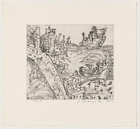 Artist: b'Senbergs, Jan.' | Title: b'Port' | Date: 1992 | Technique: b'etching, printed in black ink, from one plate' | Copyright: b'\xc2\xa9 Jan Senbergs' Artist: b'Senbergs, Jan.' | Title: b'Port' | Date: 1992 | Technique: b'etching, printed in black ink, from one plate' | Copyright: b'\xc2\xa9 Jan Senbergs'