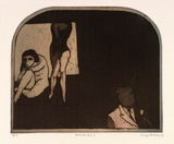 Artist: BALDESSIN, George | Title: Arcade (R.K.). | Date: 1973 | Technique: etching and aquatint, printed in brown ink, from one shaped plate over gradated colour roll.