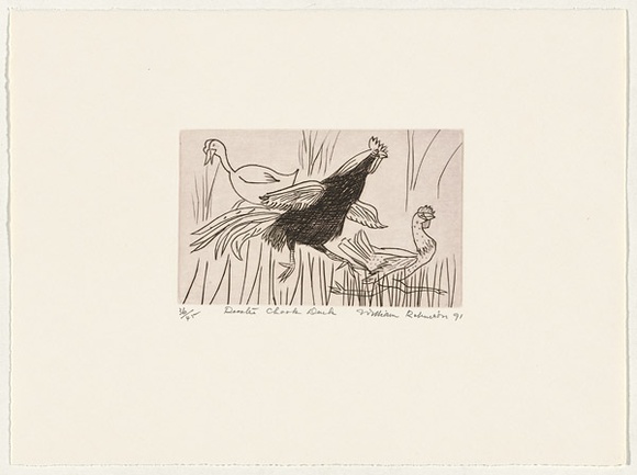 Artist: b'Robinson, William.' | Title: b'Rooster, chook, duck' | Date: 1991 | Technique: b'etching, printed in brown ink, from one plate' Artist: b'Robinson, William.' | Title: b'Rooster, chook, duck' | Date: 1991 | Technique: b'etching, printed in brown ink, from one plate'