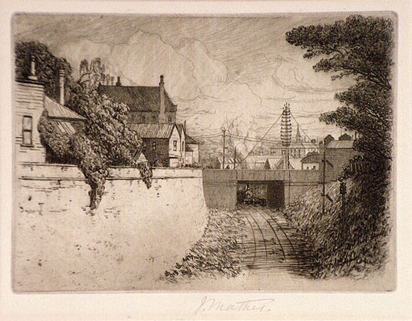 Artist: b'Mather, John.' | Title: b'Railway cutting, Windsor' | Date: 1904 | Technique: b'etching, printed in brown ink, from one plate' Artist: b'Mather, John.' | Title: b'Railway cutting, Windsor' | Date: 1904 | Technique: b'etching, printed in brown ink, from one plate'