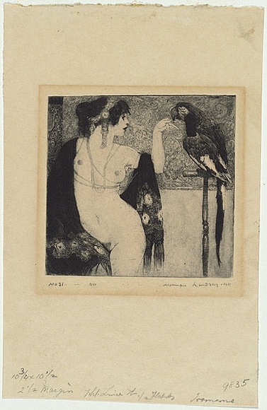 Artist: b'Lindsay, Norman.' | Title: b'Lady and the parrot.' | Date: 1917 | Technique: b'etching, and softground-etching, printed in dark blue black ink, from one plate'