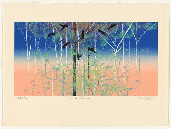 Artist: Hadley, Basil. | Title: Kakadu cockatoos. | Date: 1988 | Technique: screenprint, printed in colour, from seven stencils