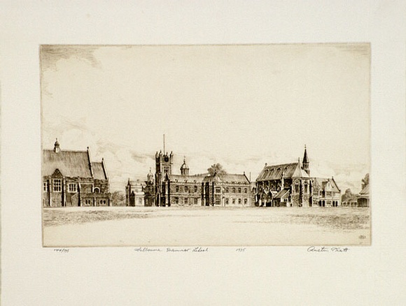 Artist: b'PLATT, Austin' | Title: b'Melbourne Grammar School' | Date: 1935 | Technique: b'etching, printed in black ink, from one plate' Artist: b'PLATT, Austin' | Title: b'Melbourne Grammar School' | Date: 1935 | Technique: b'etching, printed in black ink, from one plate'