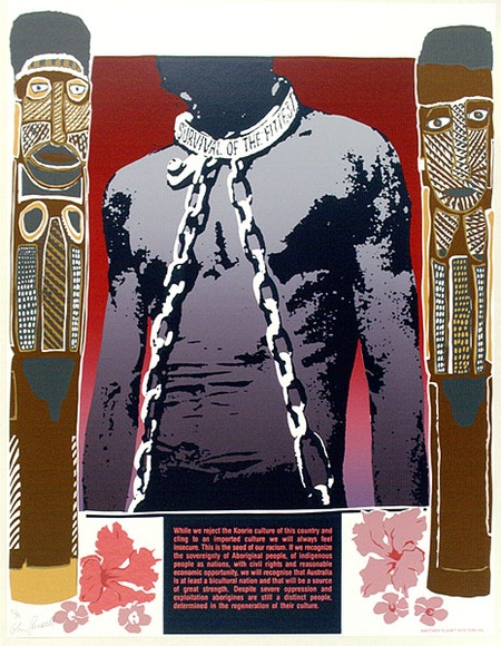 Artist: b'Russell, Colin.' | Title: b'Survival of the fittest' | Date: 1987 | Technique: b'screenprint, printed in colour, from multiple stencils' Artist: b'Russell, Colin.' | Title: b'Survival of the fittest' | Date: 1987 | Technique: b'screenprint, printed in colour, from multiple stencils'