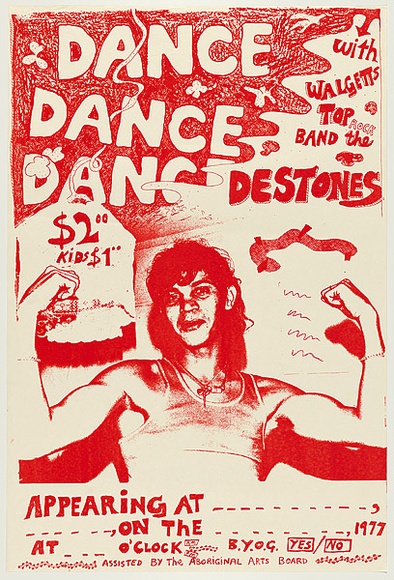 Artist: b'WORSTEAD, Paul' | Title: bBop Dance with Walgett's top band the Destones ... Settlement, 17 Edwards Street Chippendale | Date: 1978 | Technique: b'screenprint, printed in brown ink, from one stencil' | Copyright: b'This work appears on screen courtesy of the artist' Artist: b'WORSTEAD, Paul' | Title: bBop Dance with Walgett's top band the Destones ... Settlement, 17 Edwards Street Chippendale | Date: 1978 | Technique: b'screenprint, printed in brown ink, from one stencil' | Copyright: b'This work appears on screen courtesy of the artist'