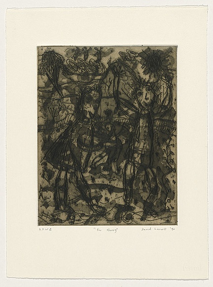 Artist: b'Larwill, David.' | Title: b'For Harry' | Date: 1990 | Technique: b'etching, printed in colour, from two plates' Artist: b'Larwill, David.' | Title: b'For Harry' | Date: 1990 | Technique: b'etching, printed in colour, from two plates'