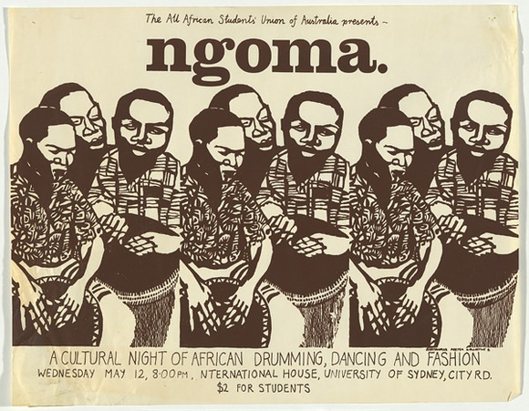 Artist: b'EARTHWORKS POSTER COLLECTIVE' | Title: b'The All African Students Union of Australia present Ngoma. A cultural night of African drumming, dancing and fashion.' | Date: 1976 | Technique: b'screenprint, printed in brown ink, from one stencil' Artist: b'EARTHWORKS POSTER COLLECTIVE' | Title: b'The All African Students Union of Australia present Ngoma. A cultural night of African drumming, dancing and fashion.' | Date: 1976 | Technique: b'screenprint, printed in brown ink, from one stencil'
