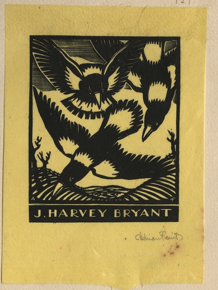 Artist: b'FEINT, Adrian' | Title: b'Bookplate: J. Harvey Byrant.' | Date: (1933) | Technique: b'wood-engraving, printed in black ink, from one block' | Copyright: b'Courtesy the Estate of Adrian Feint' Artist: b'FEINT, Adrian' | Title: b'Bookplate: J. Harvey Byrant.' | Date: (1933) | Technique: b'wood-engraving, printed in black ink, from one block' | Copyright: b'Courtesy the Estate of Adrian Feint'