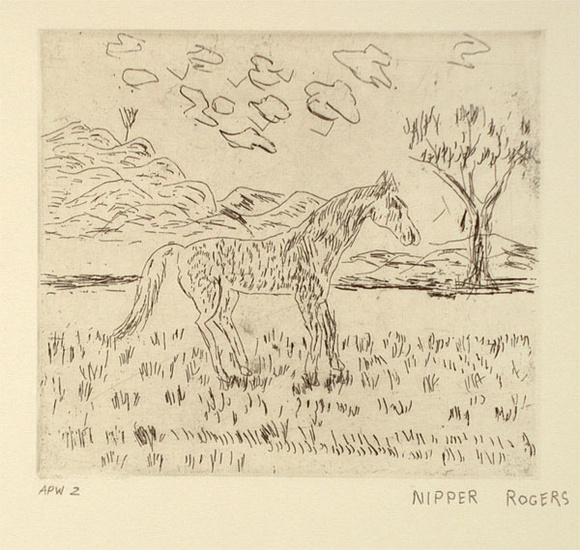 Artist: b'ROGERS, Nipper Sweeney' | Title: b'Yawarta (horse)' | Date: 1994, October - November | Technique: b'etching, printed in black ink, from one plate' Artist: b'ROGERS, Nipper Sweeney' | Title: b'Yawarta (horse)' | Date: 1994, October - November | Technique: b'etching, printed in black ink, from one plate'