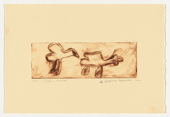 Artist: b'Napurrula, Josephine.' | Title: b'Tjulpu + camela' | Date: 2004 | Technique: b'drypoint etching, printed in brown ink, from one perspex plate' Artist: b'Napurrula, Josephine.' | Title: b'Tjulpu + camela' | Date: 2004 | Technique: b'drypoint etching, printed in brown ink, from one perspex plate'